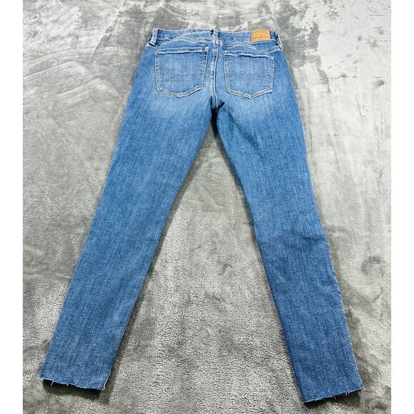 American Eagle Jegging Jeans Womens Sz.4 Short Blue Stretch‎ Mid-Rise Raw Hem - Picture 6 of 13